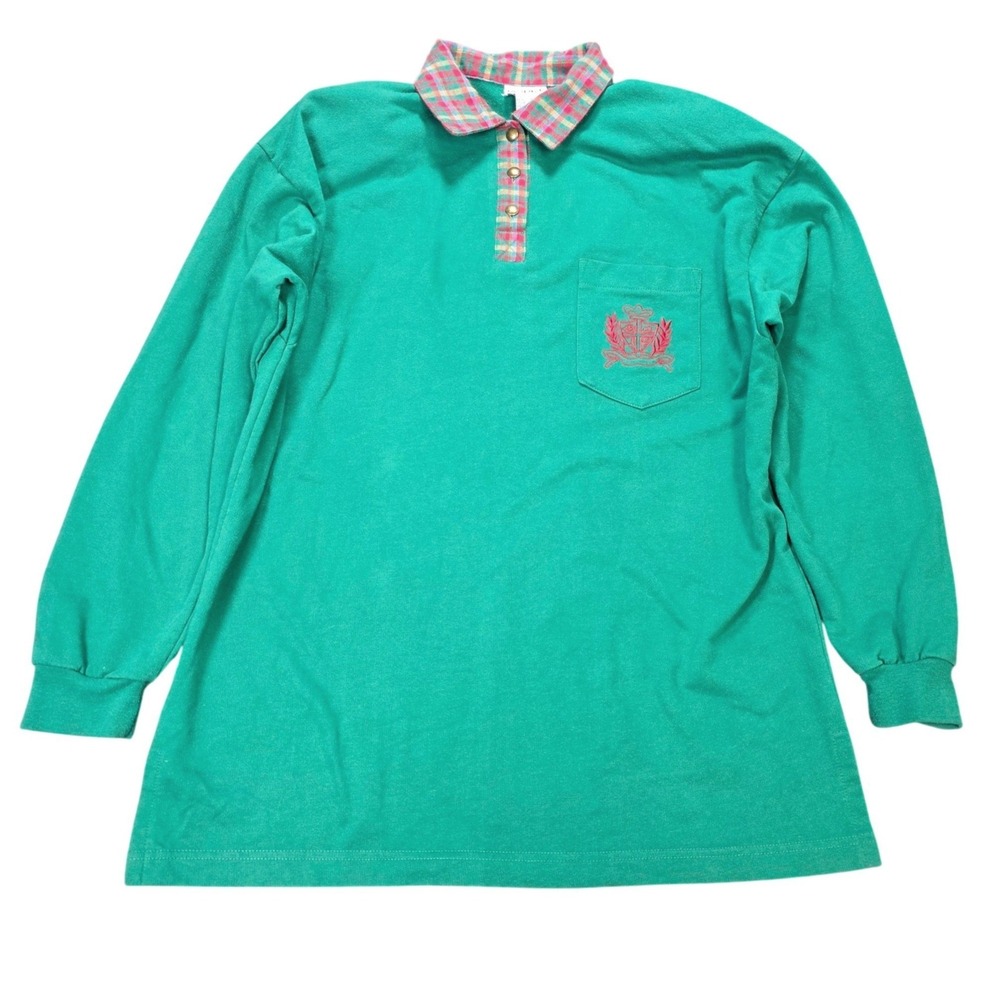 VTG Koret Long Sleeve Polo Shirt Women's Size M Green Plaid Collar Crest Pocket
